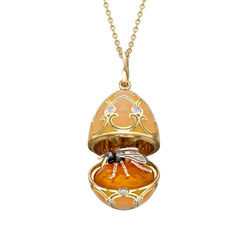 Fabergé Heritage Yellow Gold Peach Guilloché Enamel & Diamond Surprise Bee Locket Pendant