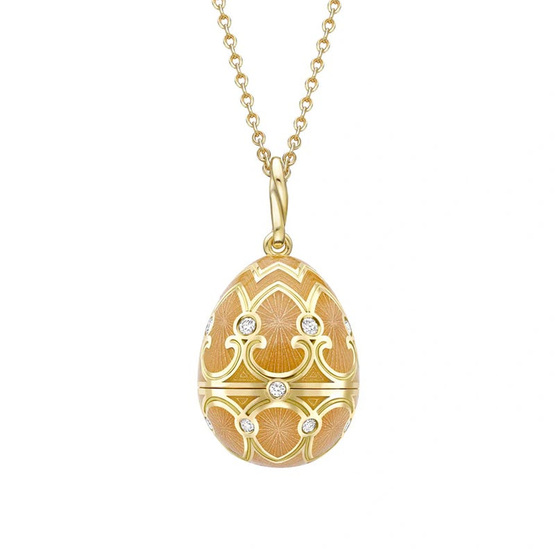 Fabergé Heritage Yellow Gold Peach Guilloché Enamel & Diamond Surprise Bee Locket Pendant