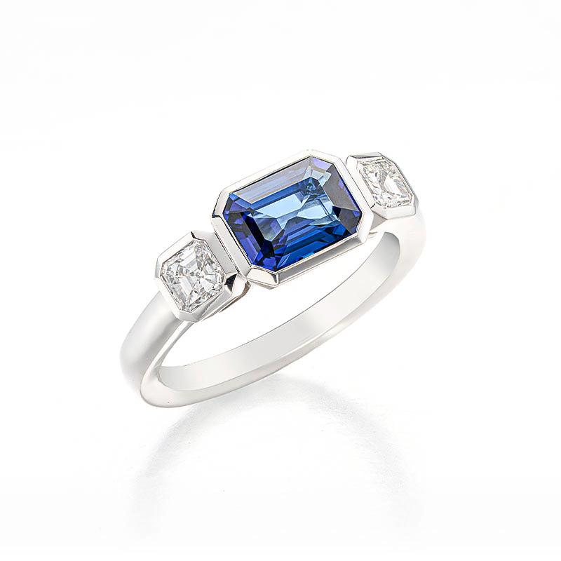 Hans D. Krieger White Gold Blue Sapphire & Asscher Cut Diamond Ring