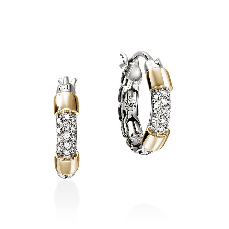 John Hardy Essential Small Sterling Silver & Yellow Gold Pavé Diamond Hoop Earrings