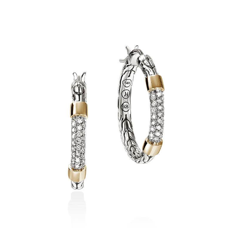 John Hardy Essential Large Sterling Silver & Yellow Gold Pavé Diamond Hoop Earrings