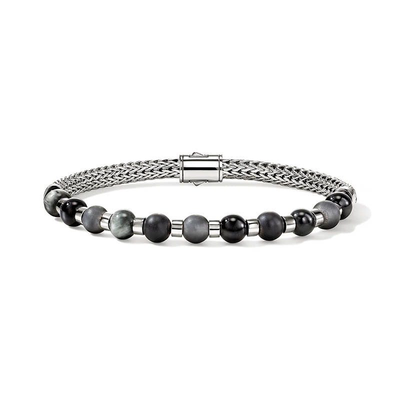 John Hardy Black Onyx & Hematite Beaded Bracelet – Sterling Silver 925, 8.3 Inch, Eagle Eye Design, New With Tags