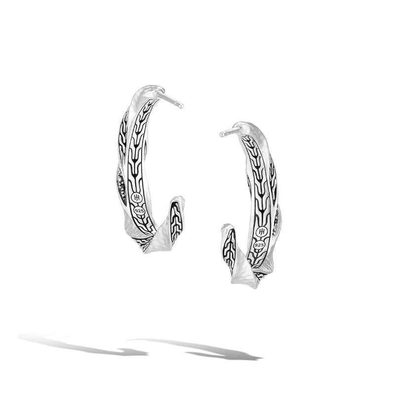 John Hardy Sterling Silver & Black Sapphire Hammered Palu Twisted Hoop Earrings