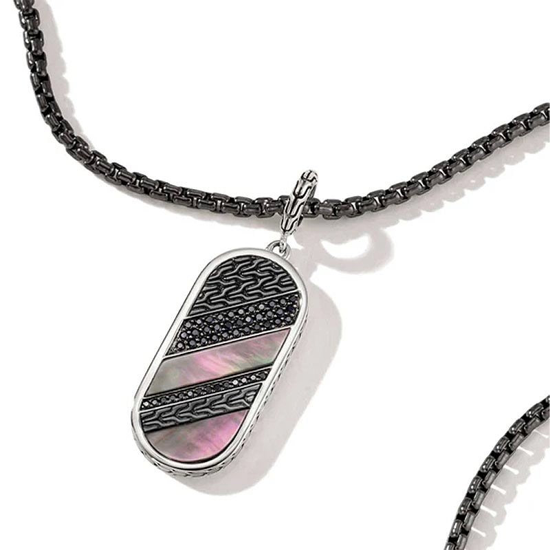 John Hardy Sterling Silver Carved Chain Mother of Pearl, Black Sapphire & Black Spinal Carved Inlay Pendant