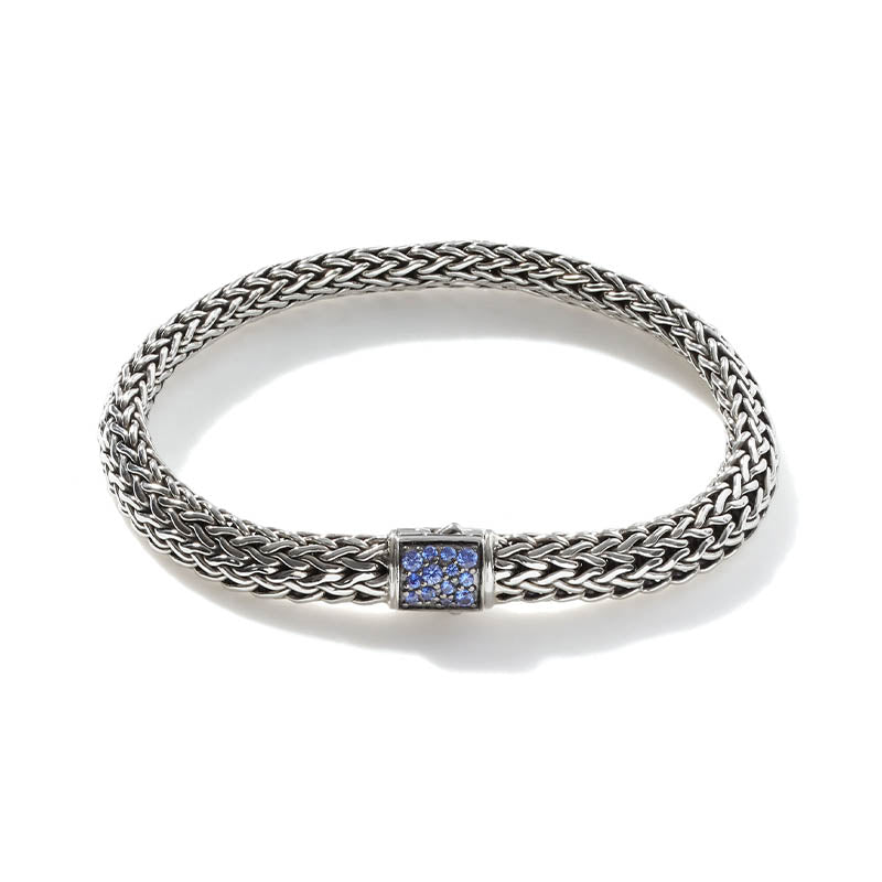 John Hardy Sterling Silver 6.5mm Icon Reversible Bracelet with Blue & Black Sapphire Clasp