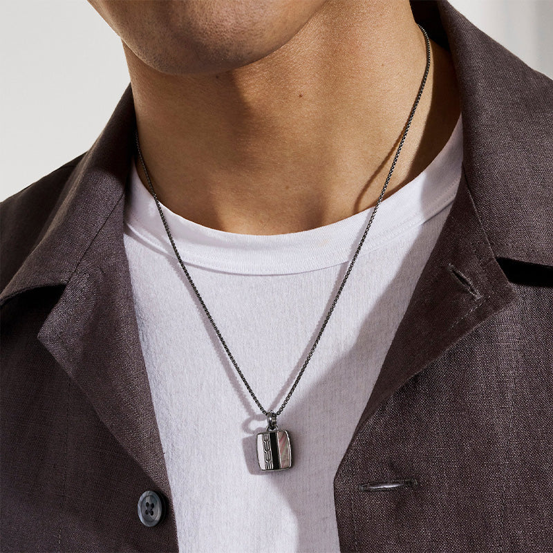 John Hardy Sterling Silver Carved Chain Black Mother of Pearl, Treated Black Onyx and Hematite Pendant