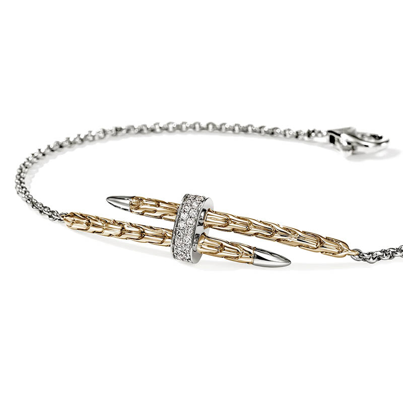 John Hardy Yellow Gold & Sterling Silver Spear Station Bracelet with Diamonds