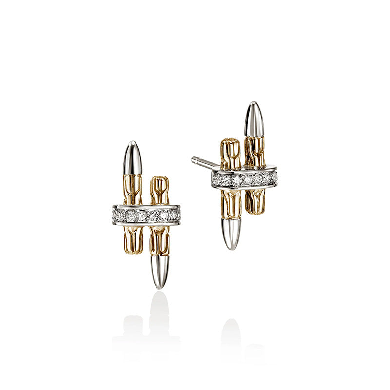 John Hardy Yellow Gold & Sterling Silver Spear Station Earrings with Diamonds