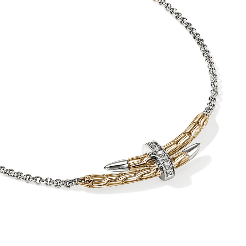 John Hardy Yellow Gold & Sterling Silver Spear Station Necklace with Diamonds