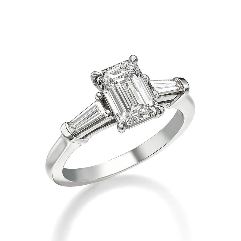 KNAR Signature White Gold 1.5ct Emerald Cut Diamond Engagement Ring with Baguette Shoulders