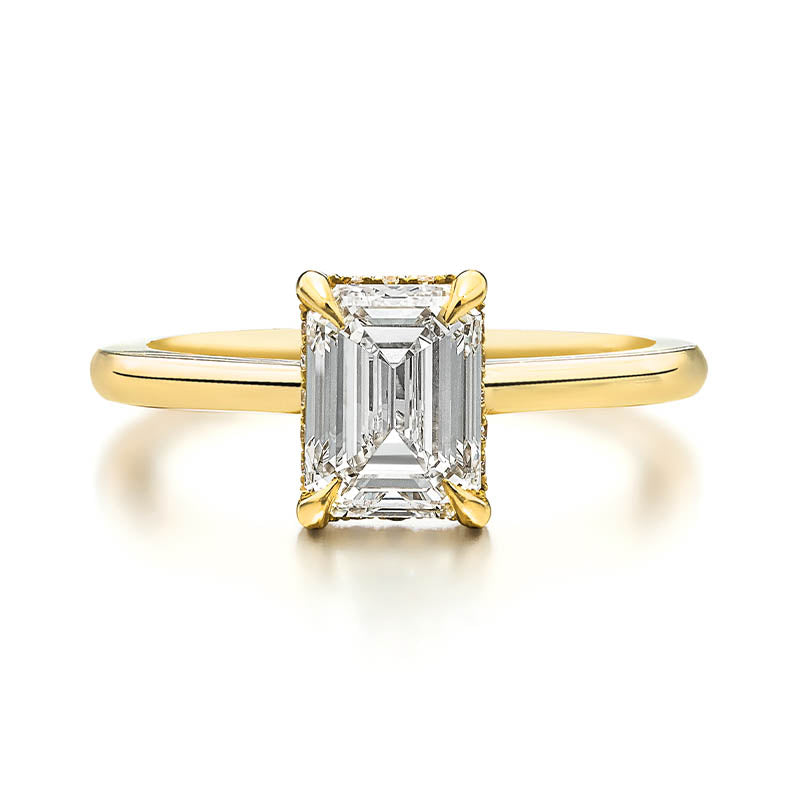 KNAR Signature Yellow Gold 1.8ct Emerald Cut Diamond Engagement Ring with Hidden Halo