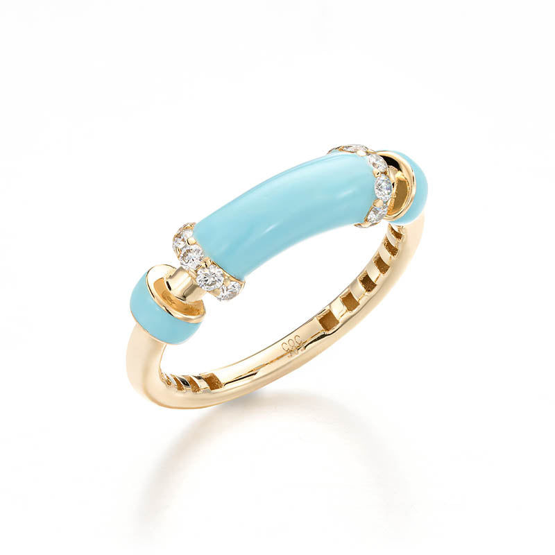 Knar Signature Yellow Gold, Light Blue Enamel & Diamond Ring