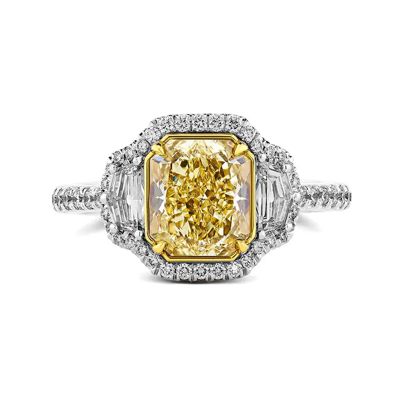 Knar Signature White Gold 2ct Natural Fancy Yellow Radiant Cut Diamond 3-Stone Ring