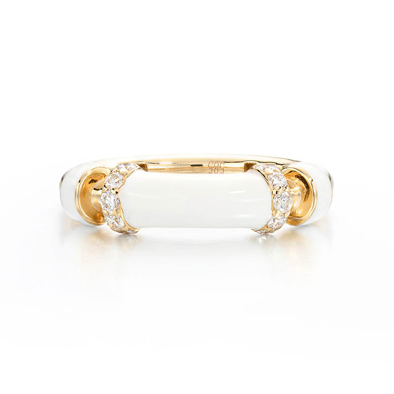 Knar Signature Yellow Gold, White Enamel & Diamond Ring