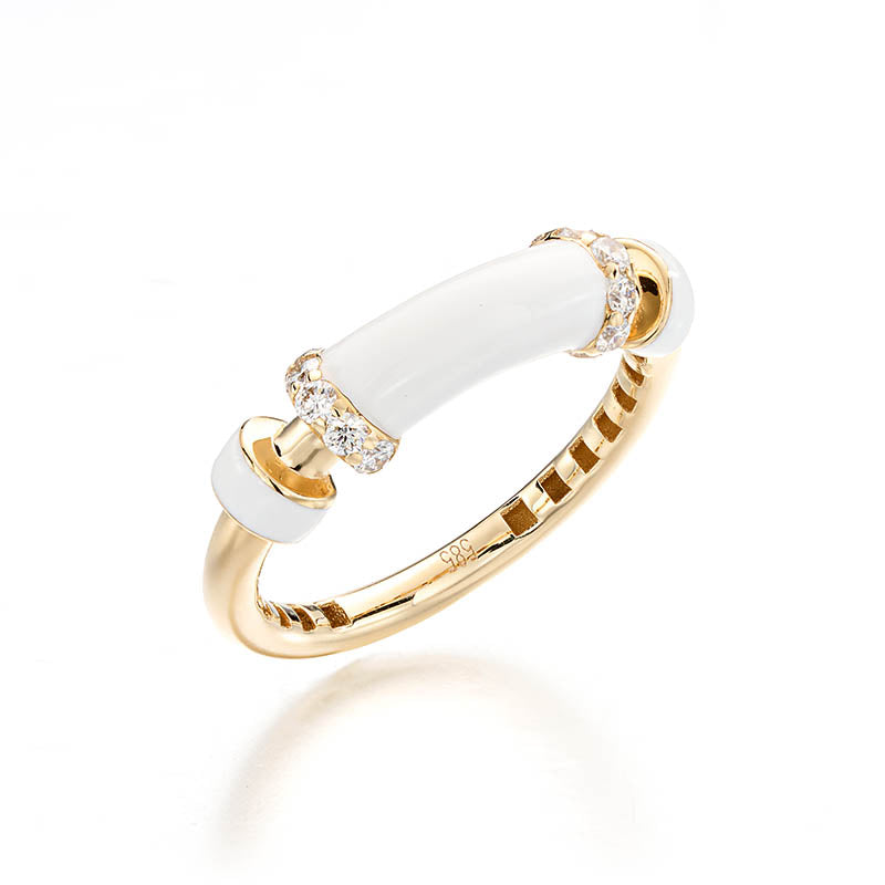 Knar Signature Yellow Gold, White Enamel & Diamond Ring