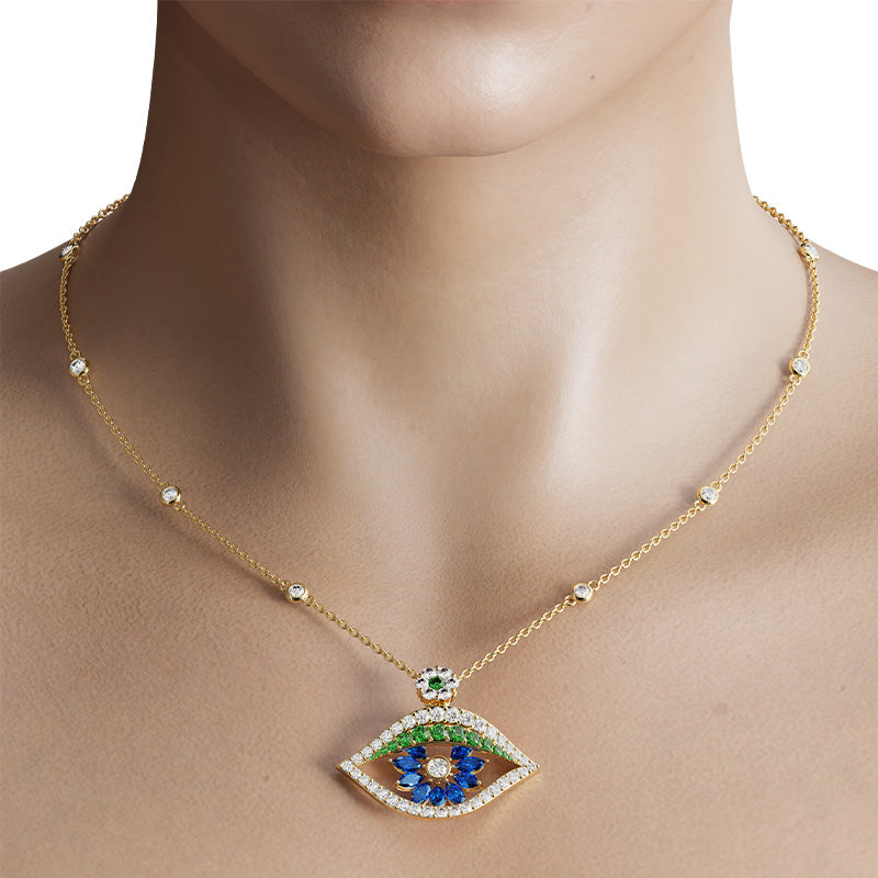 Knar Signature Yellow Gold, Blue Sapphire, Tsavorite & Diamond Eye Necklace