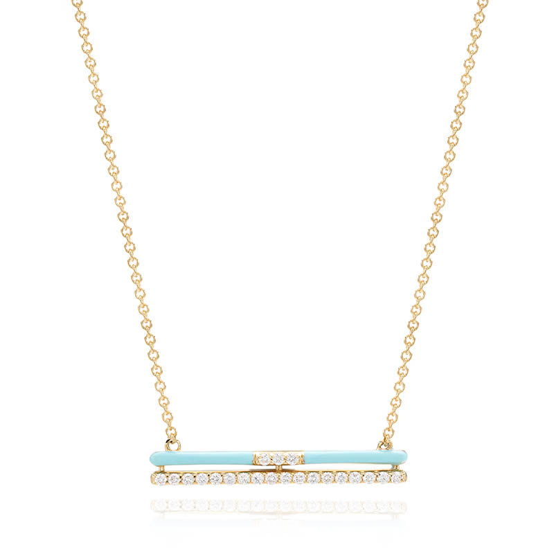 Knar Signature Yellow Gold, Light Blue Enamel & Diamond Double Bar Necklace