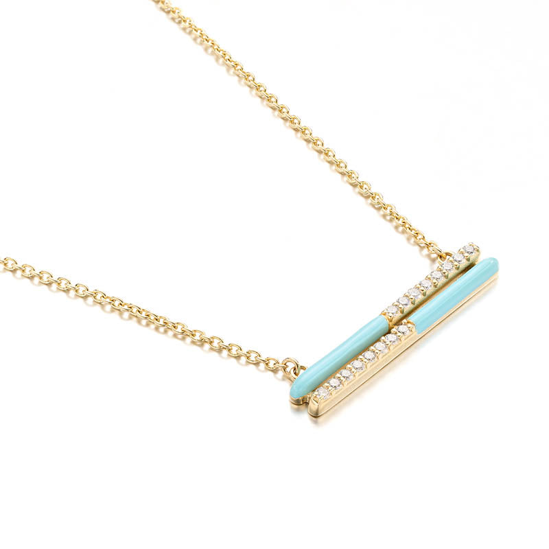 Knar Signature Yellow Gold, Light Blue Enamel & Diamond Double Bar Necklace