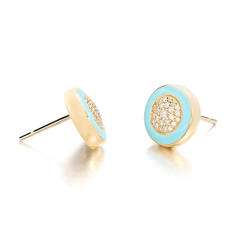 Knar Signature Yellow Gold, Light Blue Enamel & Diamond Earrings