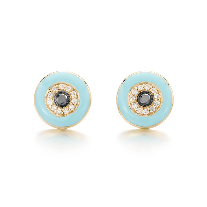 Knar Signature Yellow Gold, Light Blue Enamel & Diamond Round Earrings
