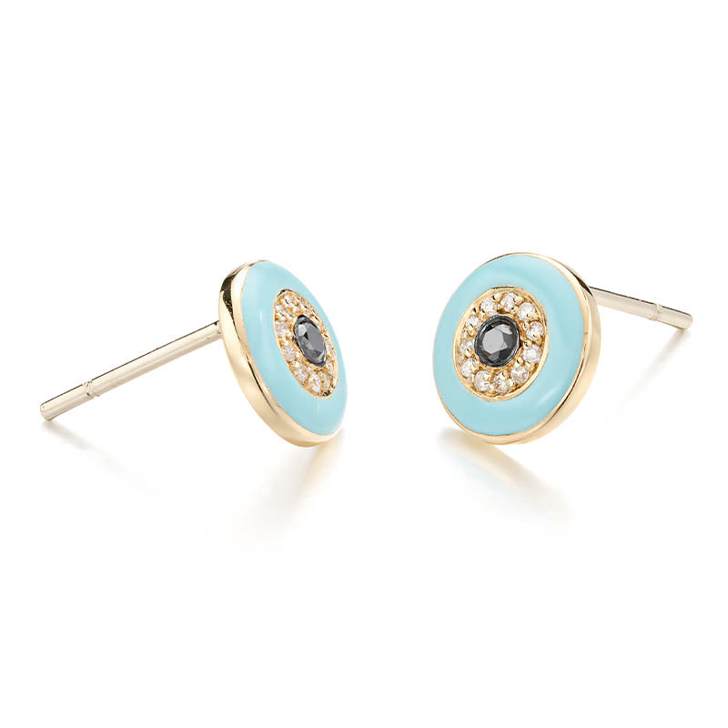 Knar Signature Yellow Gold, Light Blue Enamel & Diamond Round Earrings