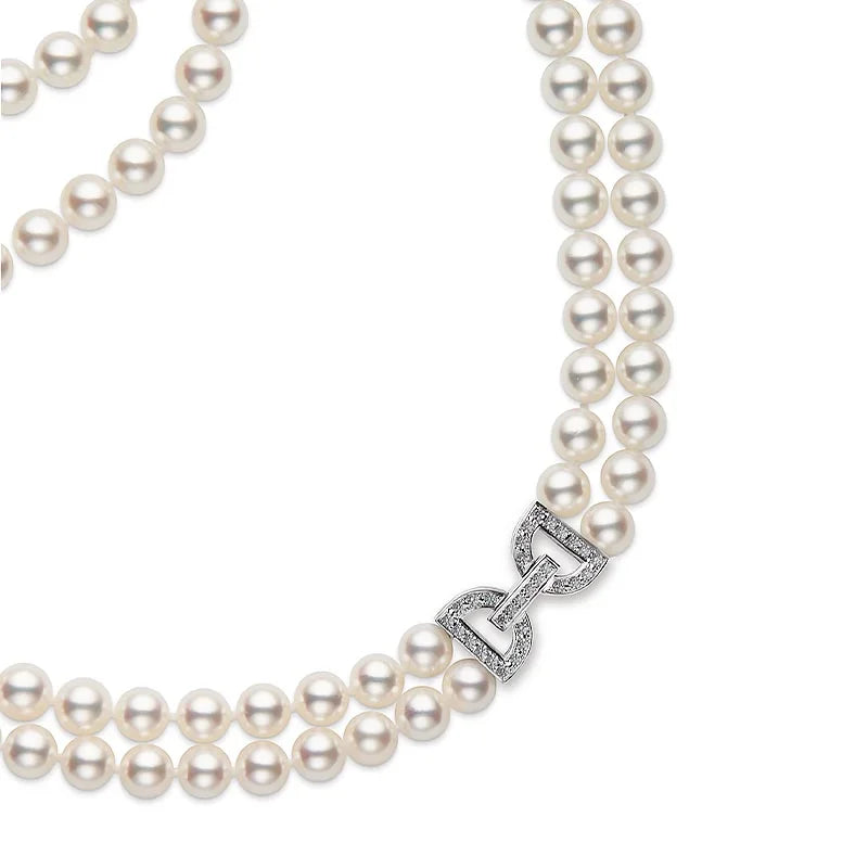 Mikimoto White Gold 6.5-7mm White Akoya A+ Double Row Pearl & Diamond Necklace