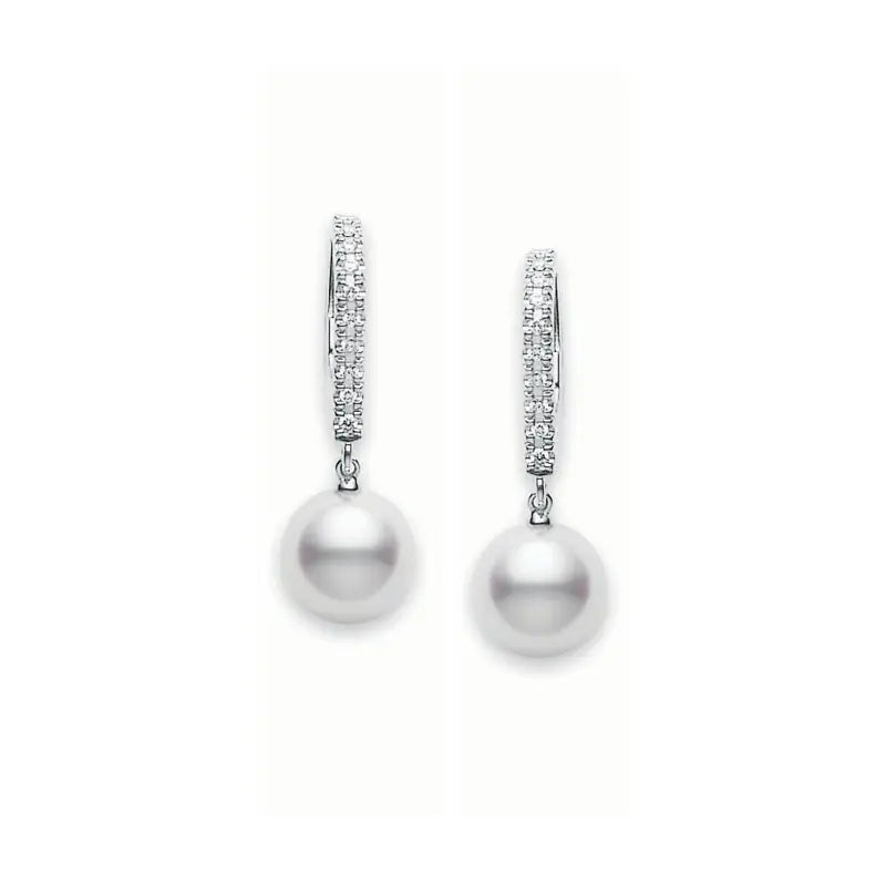 Mikimoto White Akoya Pearl and Diamond Drop Huggy Earrings MIK00665 Style No PEA1008DW