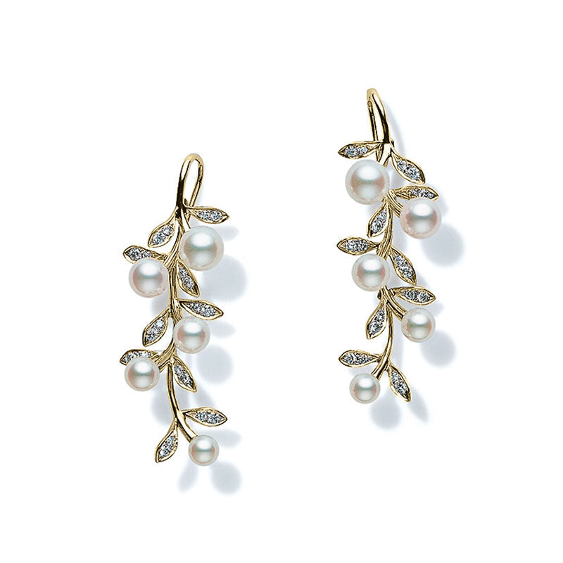 Mikimoto Yellow Gold Olive Drop Pearl & Diamond Earrings