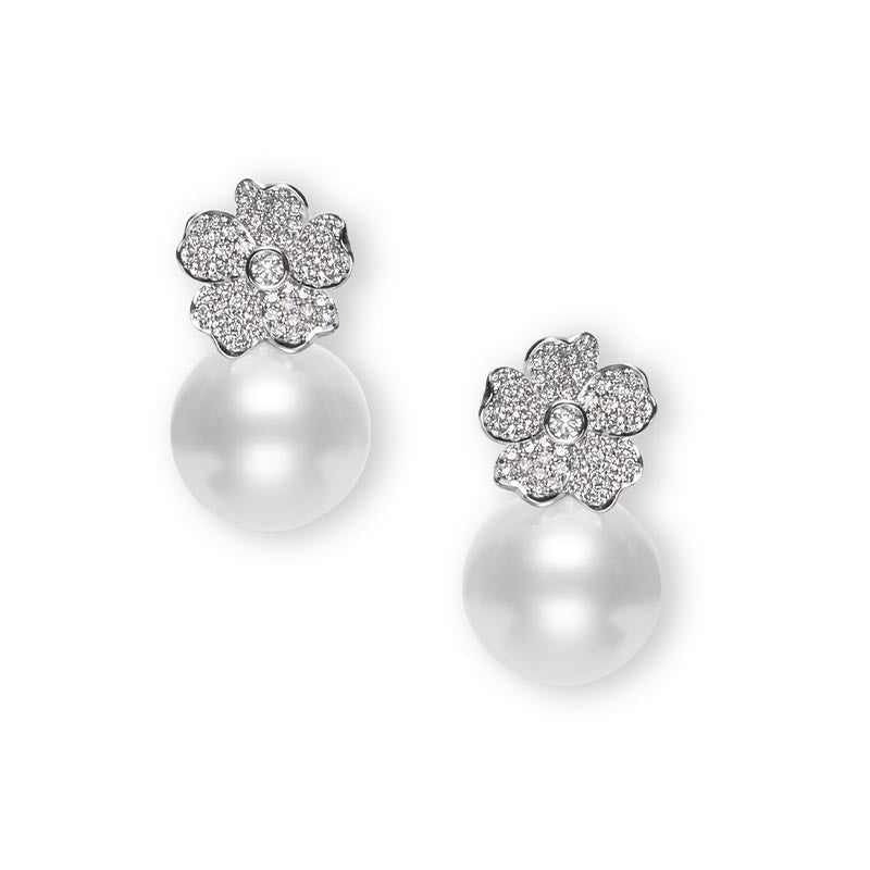 Mikimoto White Gold Cherry Blossom 11mm South Sea Pearl & Diamond Earrings