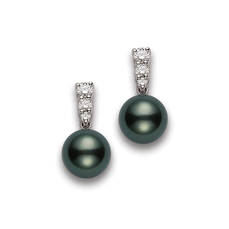Mikimoto White Gold Morning Dew 9mm Black South Sea Pearl & Diamond Drop Earrings