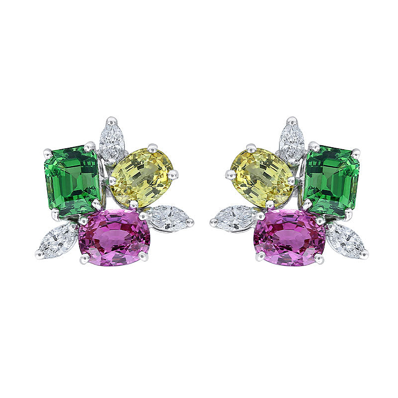 Oscar Heyman Tsavorite, Pink Sapphire, Yellow Sapphire & Diamond Earrings