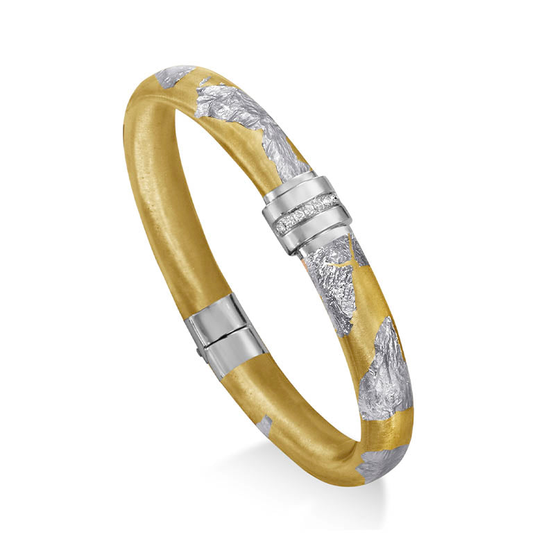 SOHO Sterling Silver, Gold Enamel & Silver Foliage Wide Bangle