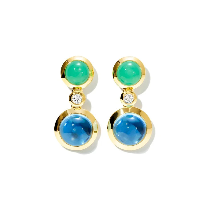 Tamara Comolli Bouton 2 Cabochon Swiss Blue Topaz, Chrysoprase & Diamond Yellow Gold Earrings