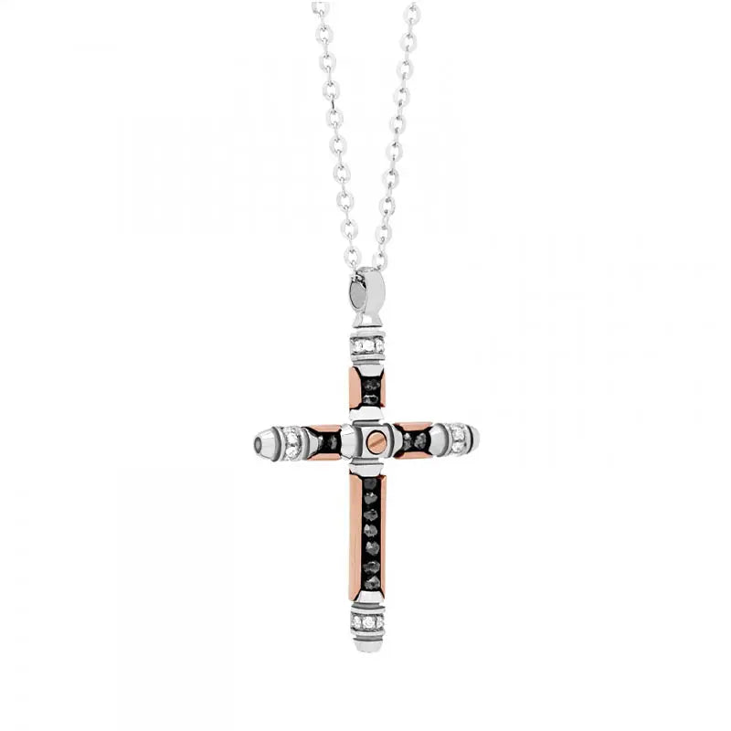 Zancan Black Magic Soft White Gold & Rose Gold Diamond Cross Pendant