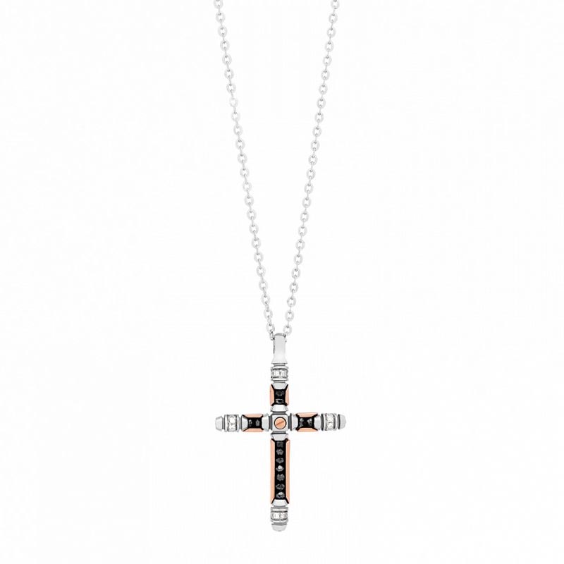 Zancan Black Magic Soft White Gold & Rose Gold Diamond Cross Pendant