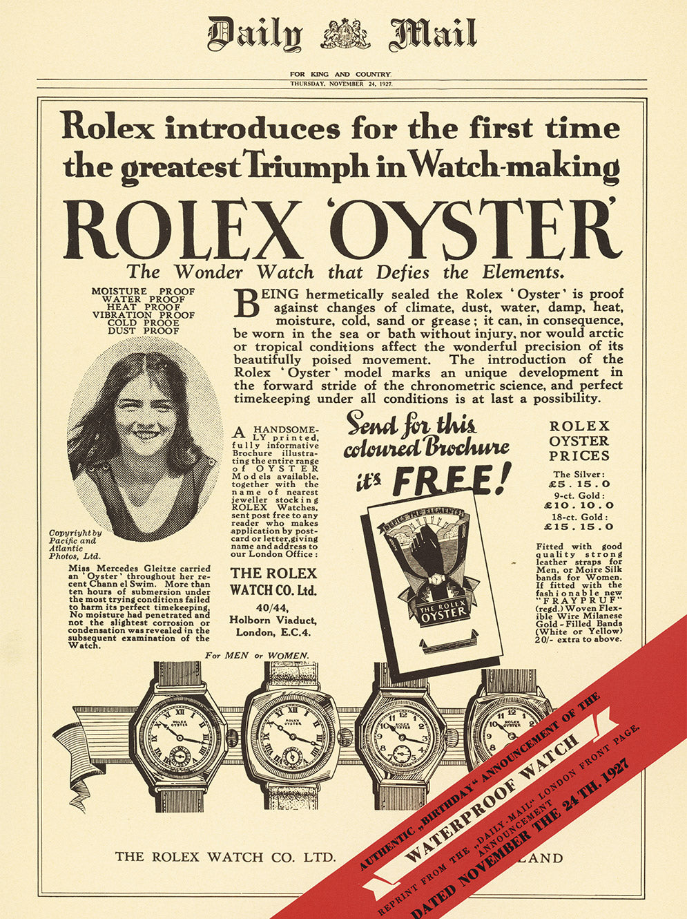 rolex oyster story 1927 mercedes gleitze