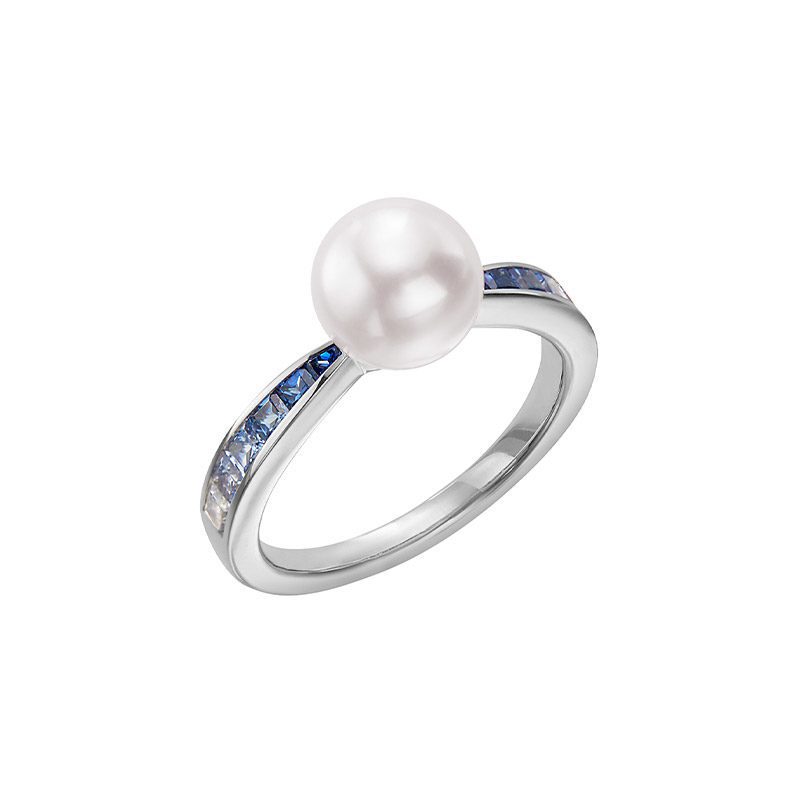 Mikimoto White Akoya "A+" Pearl and Sapphire Ring